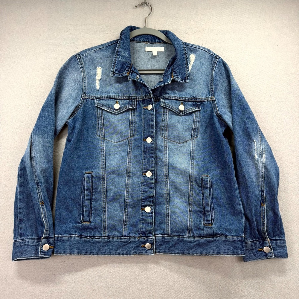 Abound Trucker Jacket Women's M Blue Denim Distressed Medium Wash Button Front
